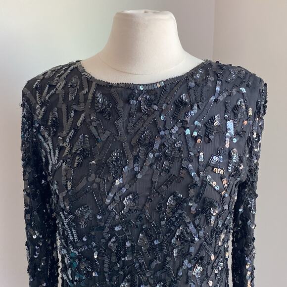 VINTAGE Sequin Dress Womens Sz Small Black Quarter Sleeve Holiday 100% Silk - Picture 3 of 7